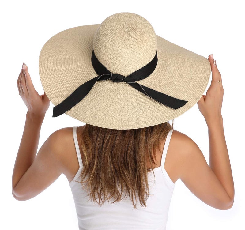 Lanzom Womens Wide Brim Straw Hat Big Floppy Foldable Roll up Cap Beach Sun Hat UPF 50+(Bowknot-Beige) - Image 2